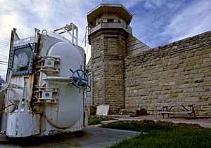 gas chamber sits on the lawn of the Territorial Prison Museum