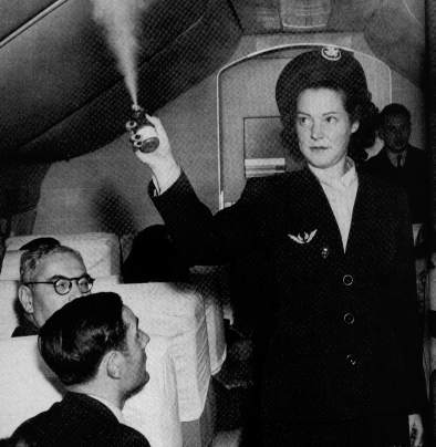 A cloud of insecticide containing DDT descends on passengers in this circa 1955 photo.  Although banned in the US in 1972, DDT was sprayed in US aircraft until 1989.